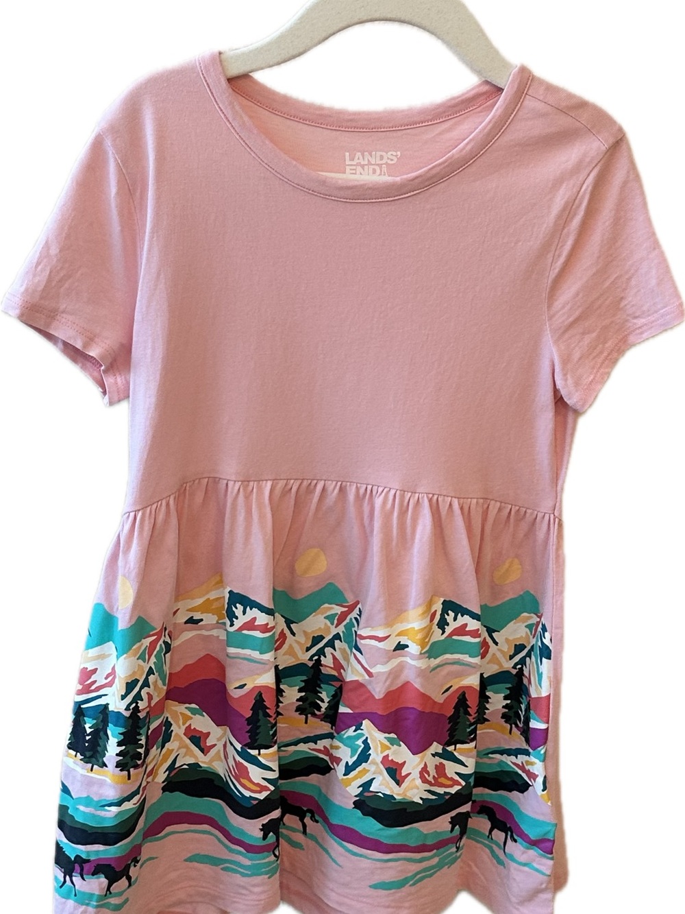 Lands' End Girls' Pink Scenic Peplum Tee with Multicolor Mountain Print